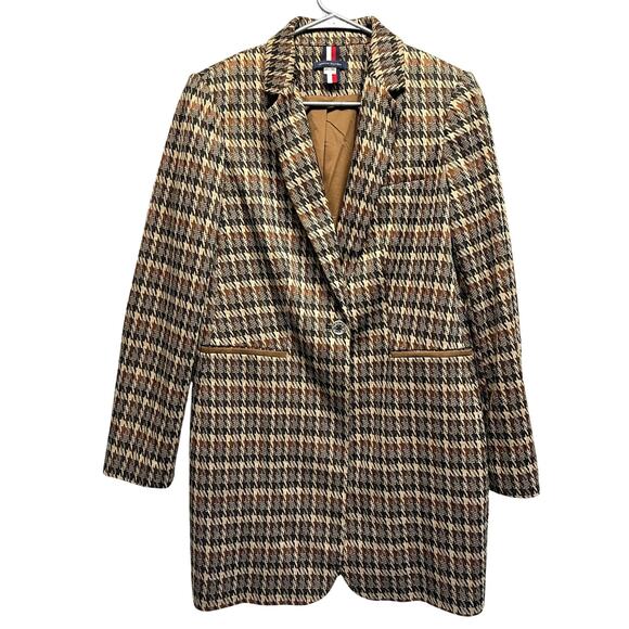 NWOT Tommy Hilfiger Women Brown Houndstooth Print Longline Blazer Jacket Coat 10 - Picture 2 of 15